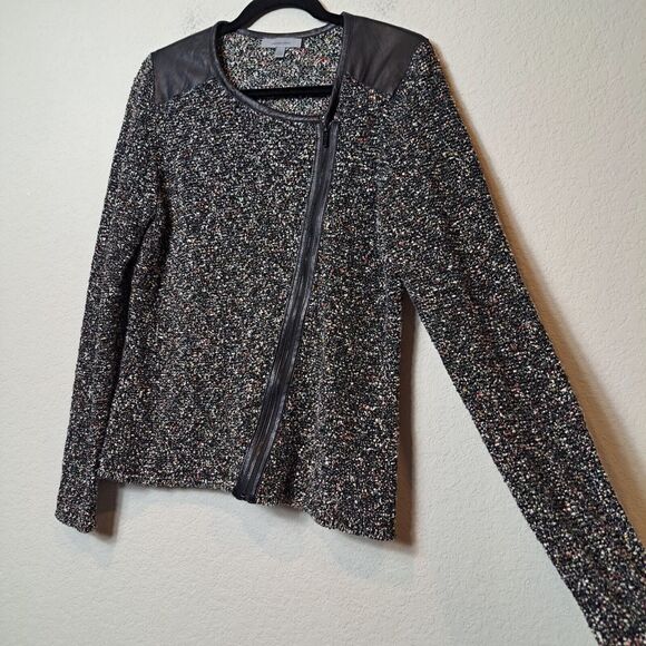 Classiques Entier Tweed Boucle Leather Trim Full Zip Shirt Jacket Women's Sz L - Picture 3 of 9